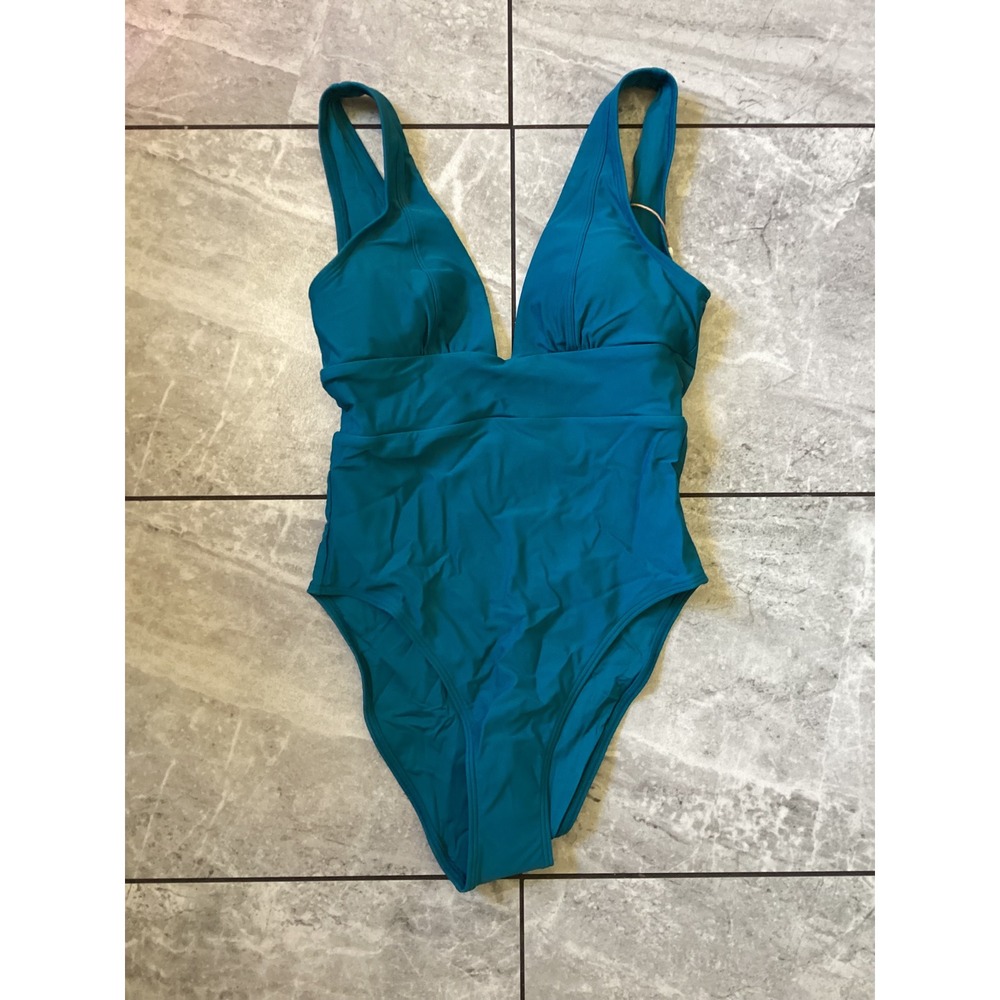 Quince Women Italian Matte Recycled V-Neck One-Piece Swimsuit Teal Blue XS